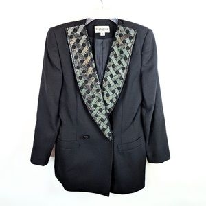JOHN MEYER Vintage Black Beaded Collar Wool Double Breasted Blazer Size 10